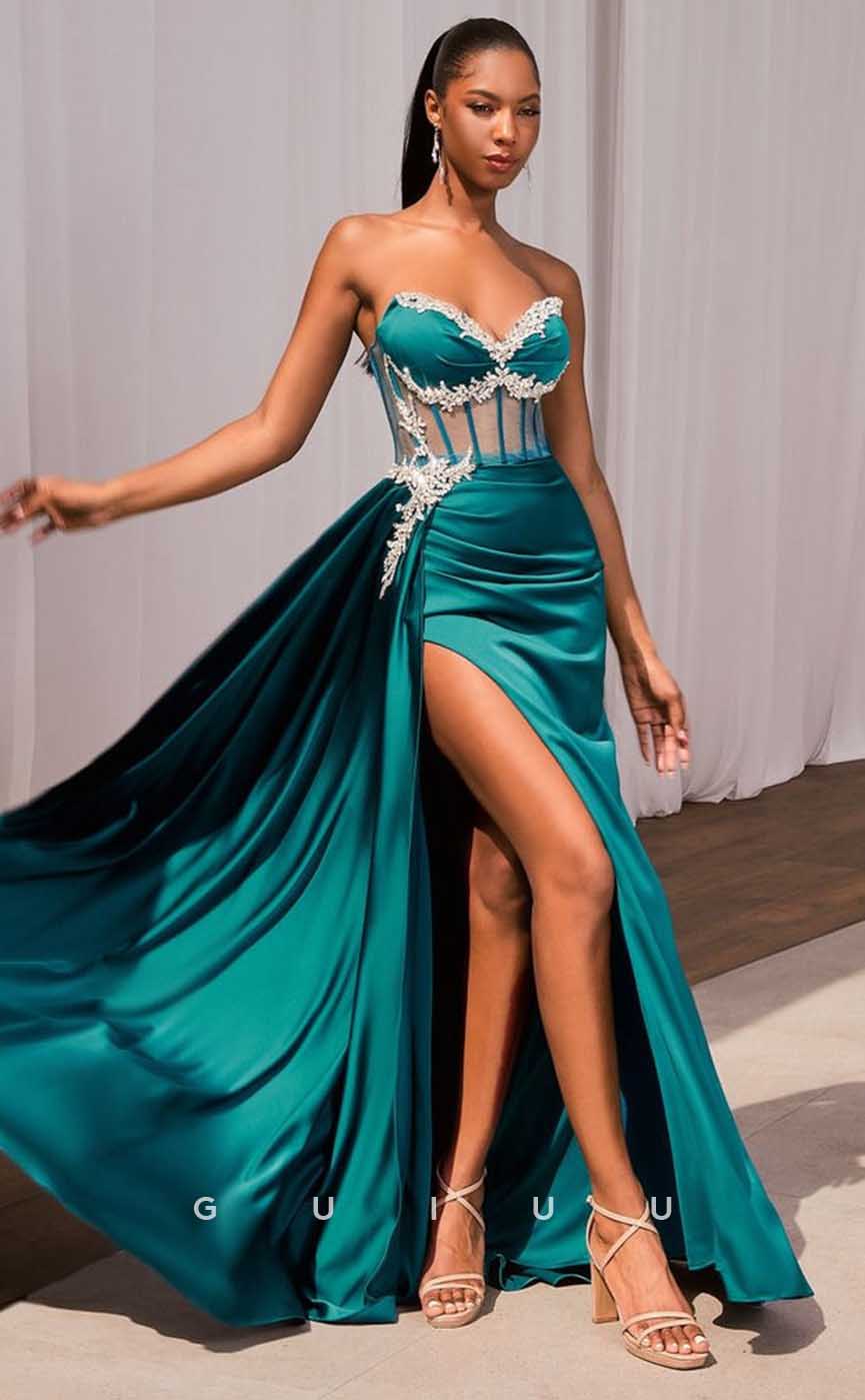 G4475 - Modern & Chic Sheath Fitted Strapless Sleeveless High Split Illsion Crystal Ruched Prom Dresss with Slit