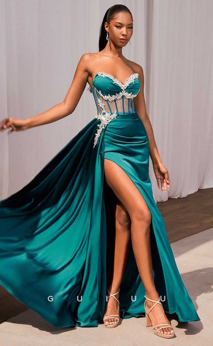 G4475 - Modern & Chic Sheath Fitted Strapless Sleeveless High Split Illsion Crystal Ruched Prom Dresss with Slit