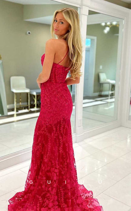 G4461 - Sexy & Hot Column Sheath Pink Lace Strapless Halter Sleeveless Long Sweep Prom Party Gown with Slit