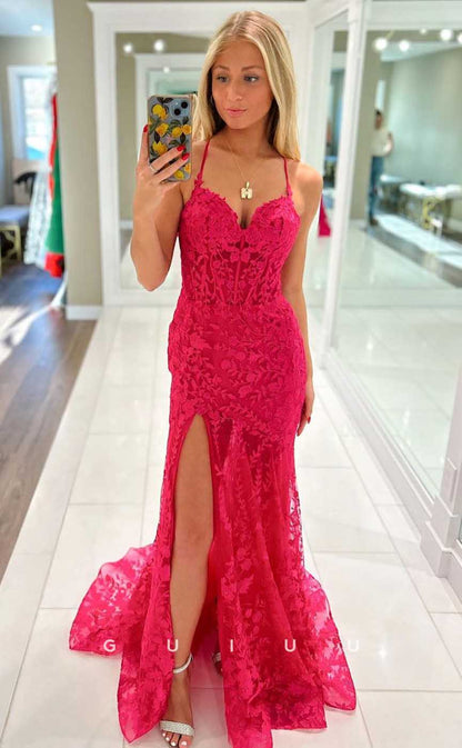 G4461 - Sexy & Hot Column Sheath Pink Lace Strapless Halter Sleeveless Long Sweep Prom Party Gown with Slit