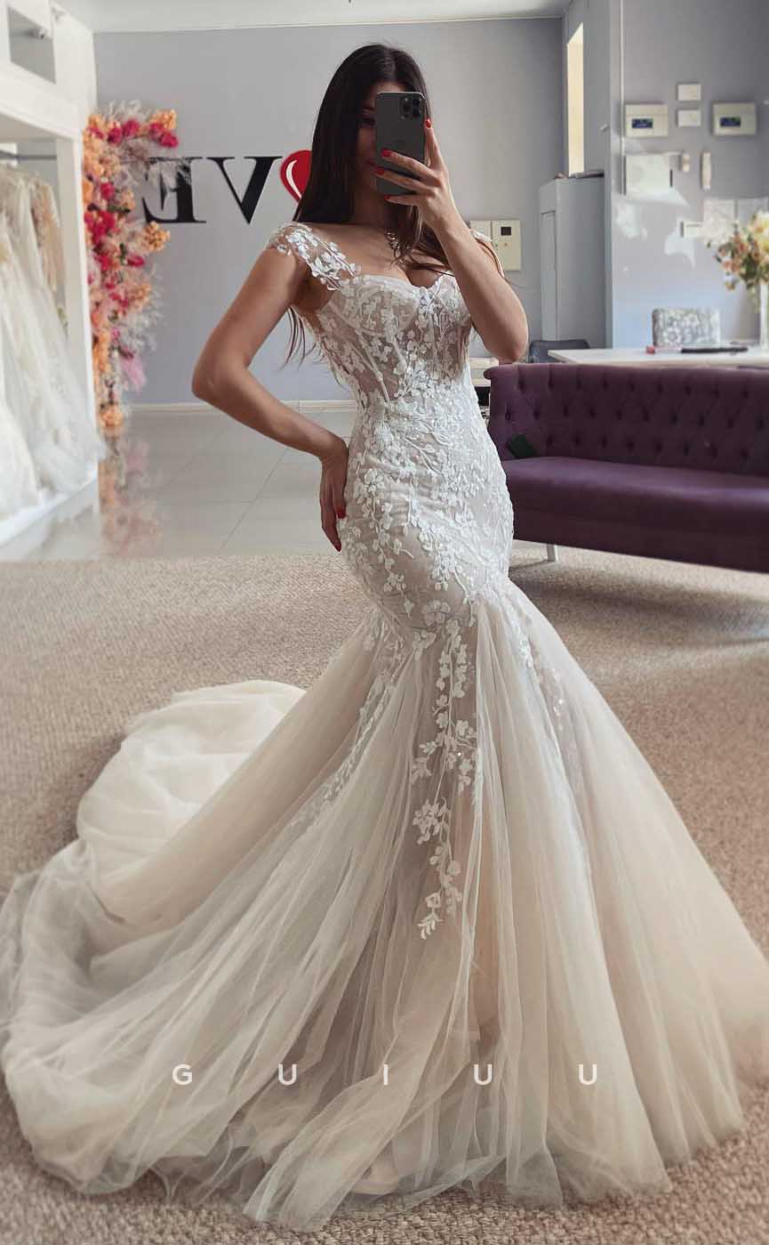 GW809 - Sexy & Hot Mermaid Straps Appliques Court Train Boho Wedding Dress