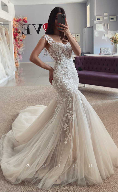 GW809 - Sexy & Hot Mermaid Straps Appliques Court Train Boho Wedding Dress