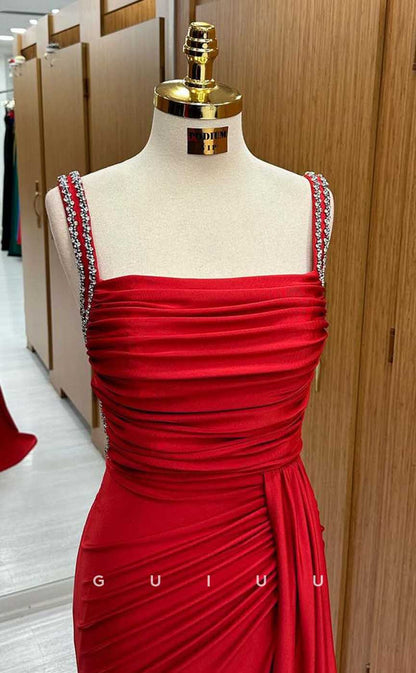 G4499 - Sexy & Hot Square Straps Sleeveless Red Stain Runched Long Prom Evening Gown