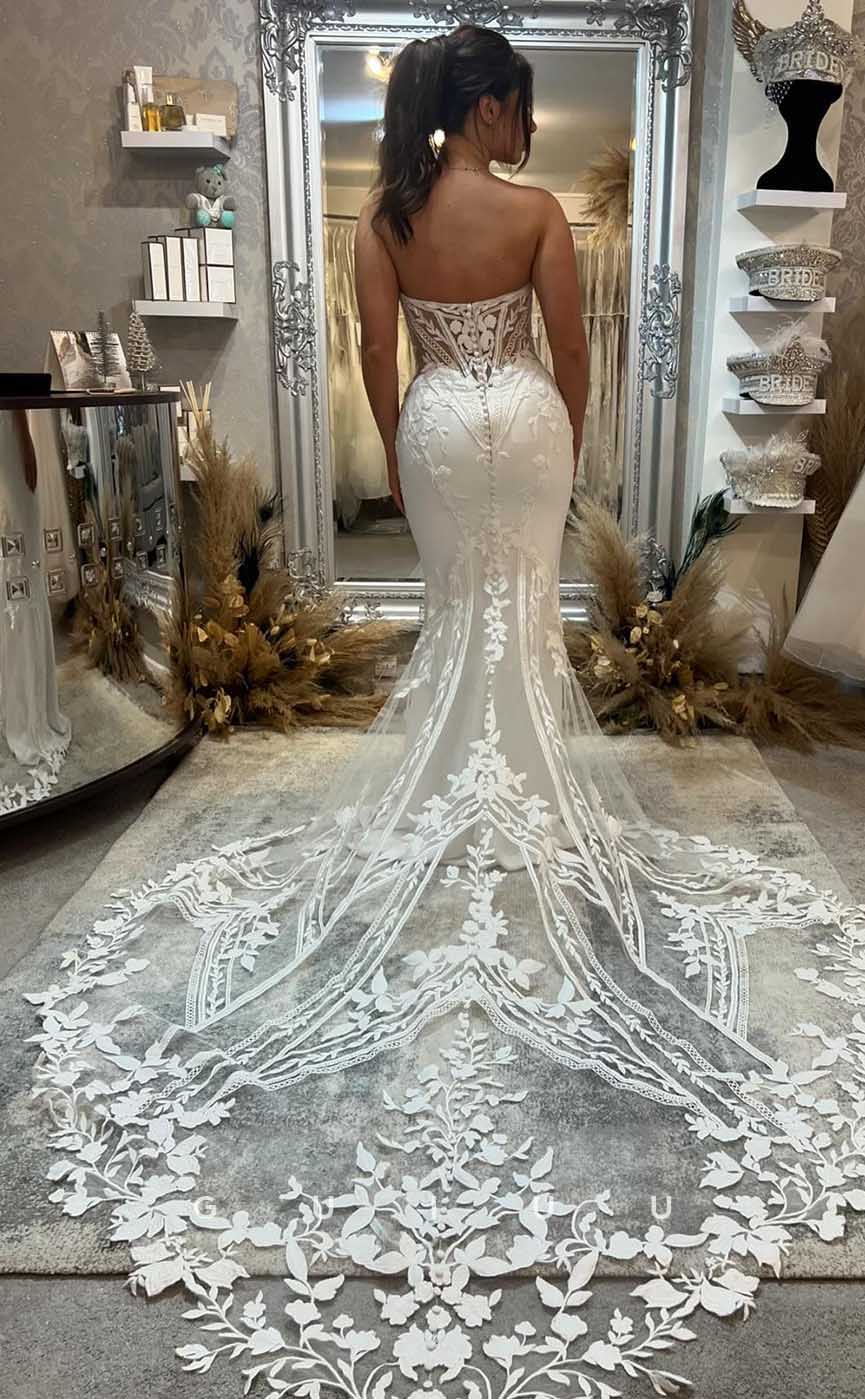 GW857 -  Deep V Neck Straps Appliques Backless Mermaid Boho Wedding Dress with Slit