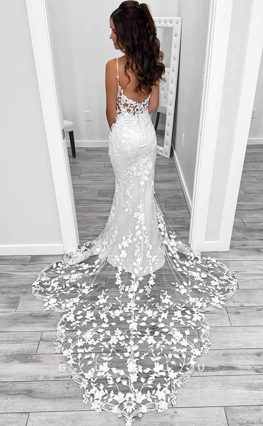 GW854 - Sexy & Hot Straps Strapless Appliques Buttons Mermaid Boho Beach Wedding Dress with Train