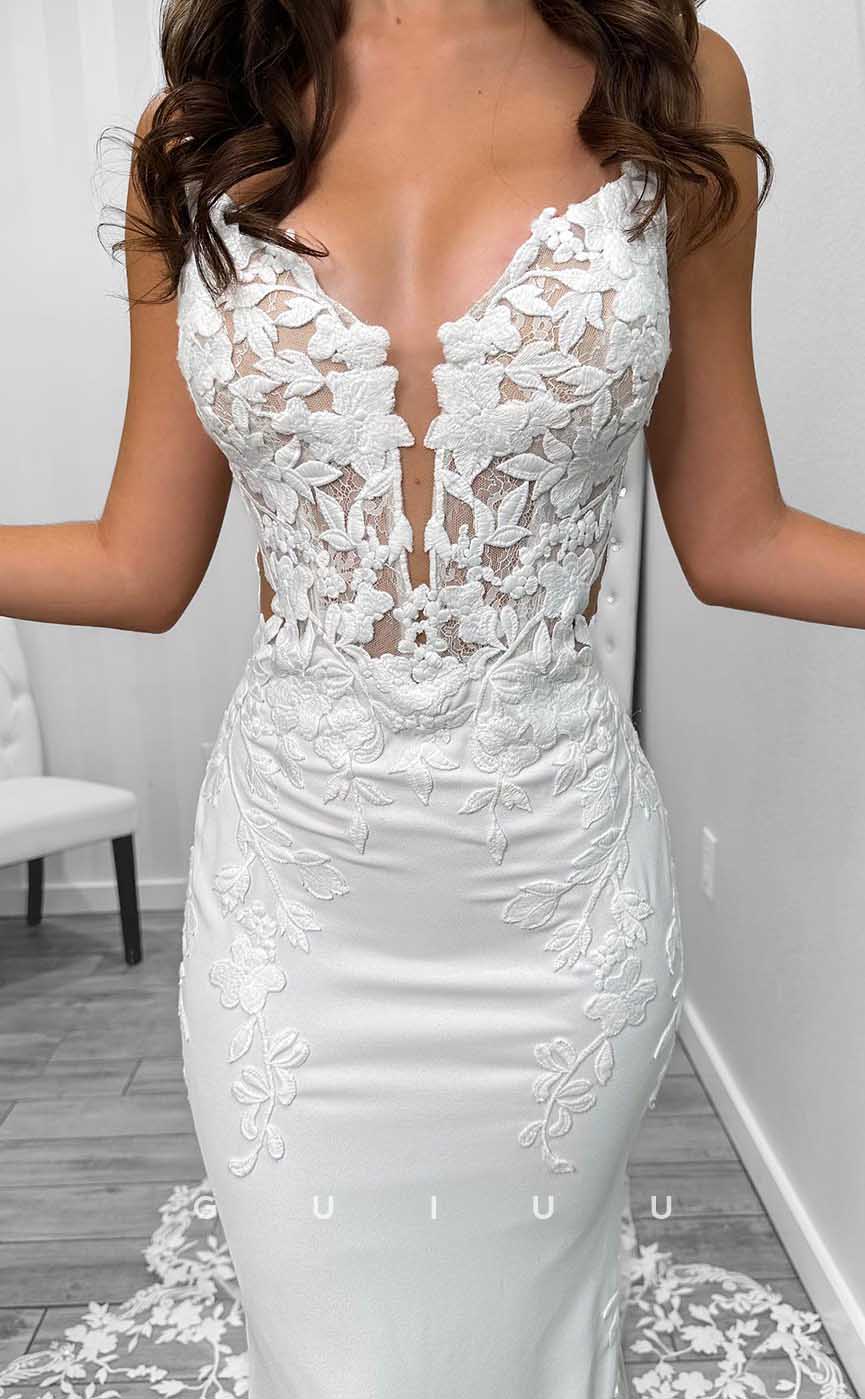 GW854 - Sexy & Hot Straps Strapless Appliques Buttons Mermaid Boho Beach Wedding Dress with Train