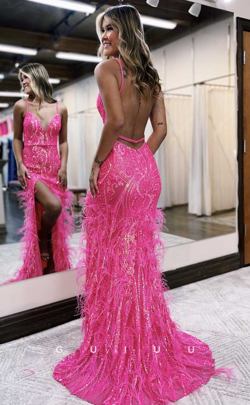 G4623 - Sexy & Hot V Neck Straps Sleeveless High Side Slit Prom Party Dress with Feather for Black Girl Slay