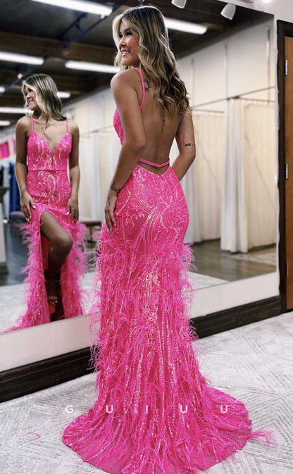 G4623 - Sexy & Hot V Neck Straps Sleeveless High Side Slit Prom Party Dress with Feather for Black Girl Slay