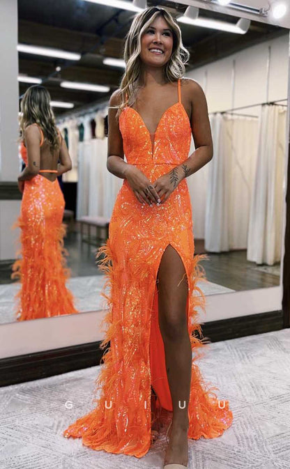 G4623 - Sexy & Hot V Neck Straps Sleeveless High Side Slit Prom Party Dress with Feather for Black Girl Slay