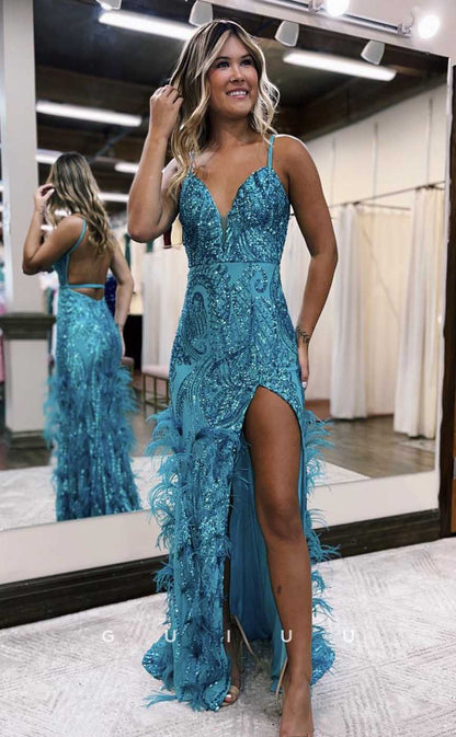 G4623 - Sexy & Hot V Neck Straps Sleeveless High Side Slit Prom Party Dress with Feather for Black Girl Slay
