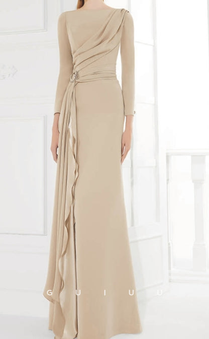 GM109 - Sheath Jewel Neck 34 Length Sleeves Floor Length Pleated Ruffles Chiffon Mother of the Bride Dress