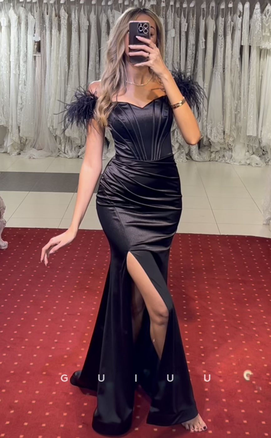 G4041 - Sheath Off Shoulder Feather Black Stain Pleated Long Prom Party Dress with Side Slit