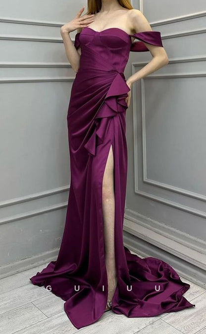 G3908 -  Sheath Off Shoulder Straplesss Pleated Rufffles Long Prom Dress with High Slit