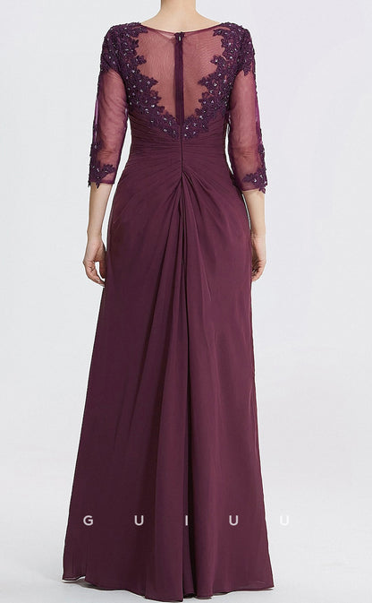GM074 - Sheath Scoop Neck Floor Length 34 Legth Sleeves Appliques Chiffon Mother of the Bride Dress