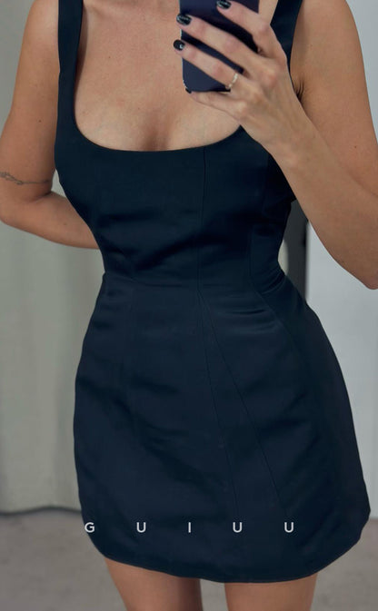 GH952 - Sheath Square Straps Sleeveless Satin Black Homecoming Dress