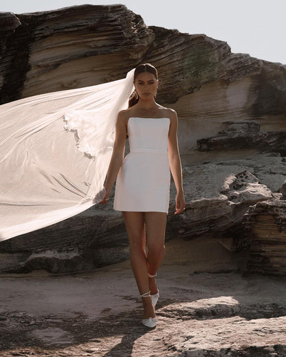 GW931 - Sheath Strapless Sleeveless Detached Train Stain Mini Wedding Dress