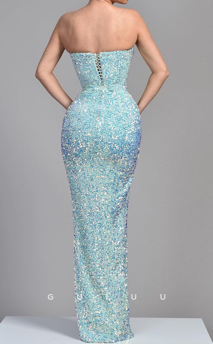 G3693 - Sheath Strapless Sleeveless Fully Sequined Lace Up Long Prom Dress with High Side Slit