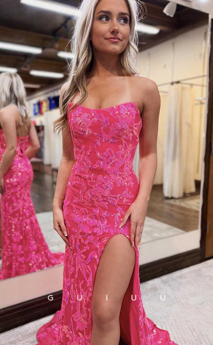 G4649 - Sheath Strapless Sleeveless Fuly Apppliques High Side Slit Prom Dress with Train for Black Girl Slay