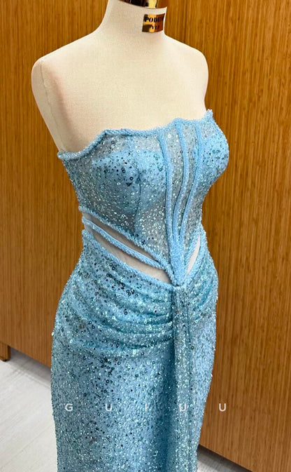 G4255 - Sheath Strapless Sleeveless Pleated Fully Sequined Long Prom Evening Gown