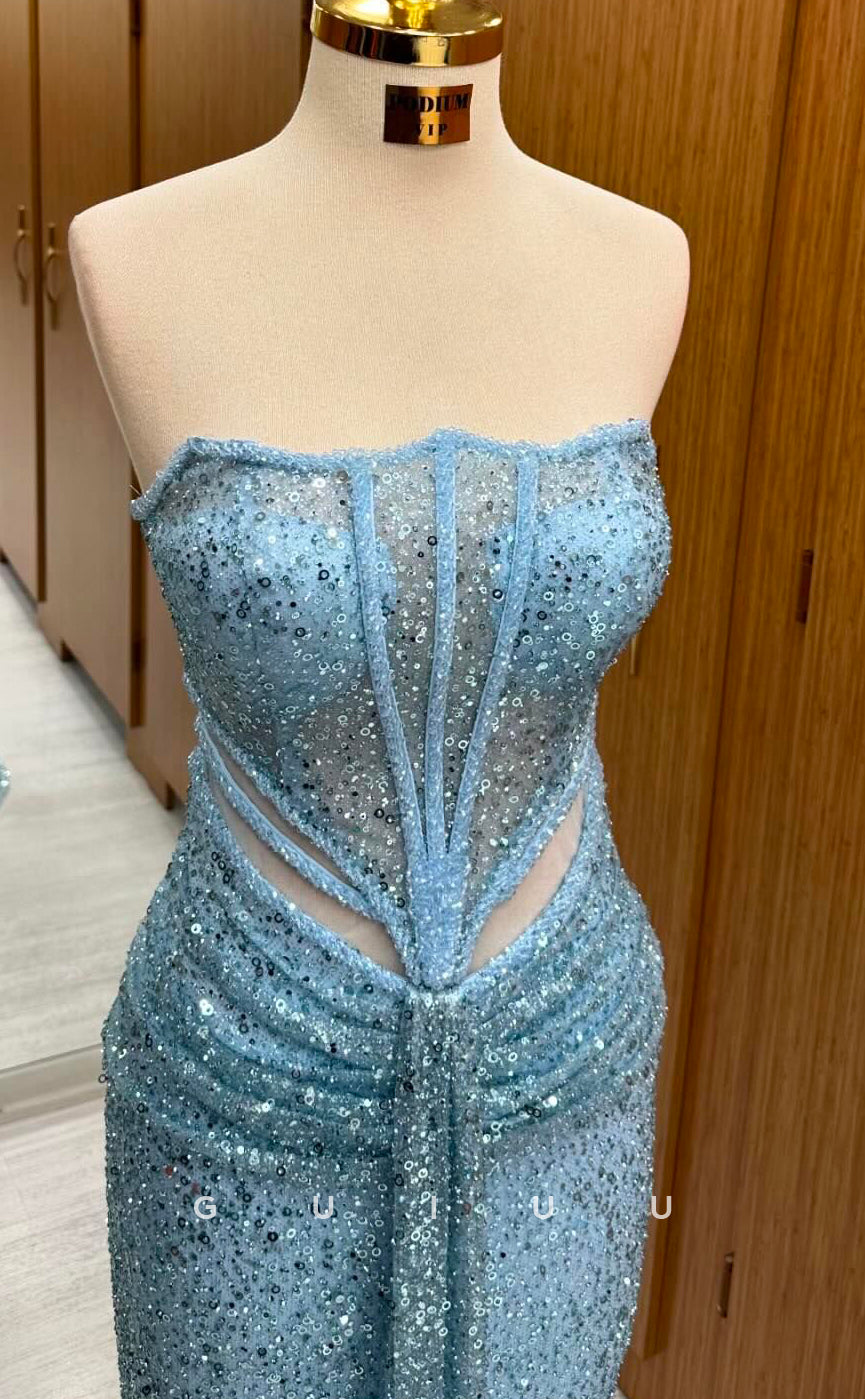 G4255 - Sheath Strapless Sleeveless Pleated Fully Sequined Long Prom Evening Gown