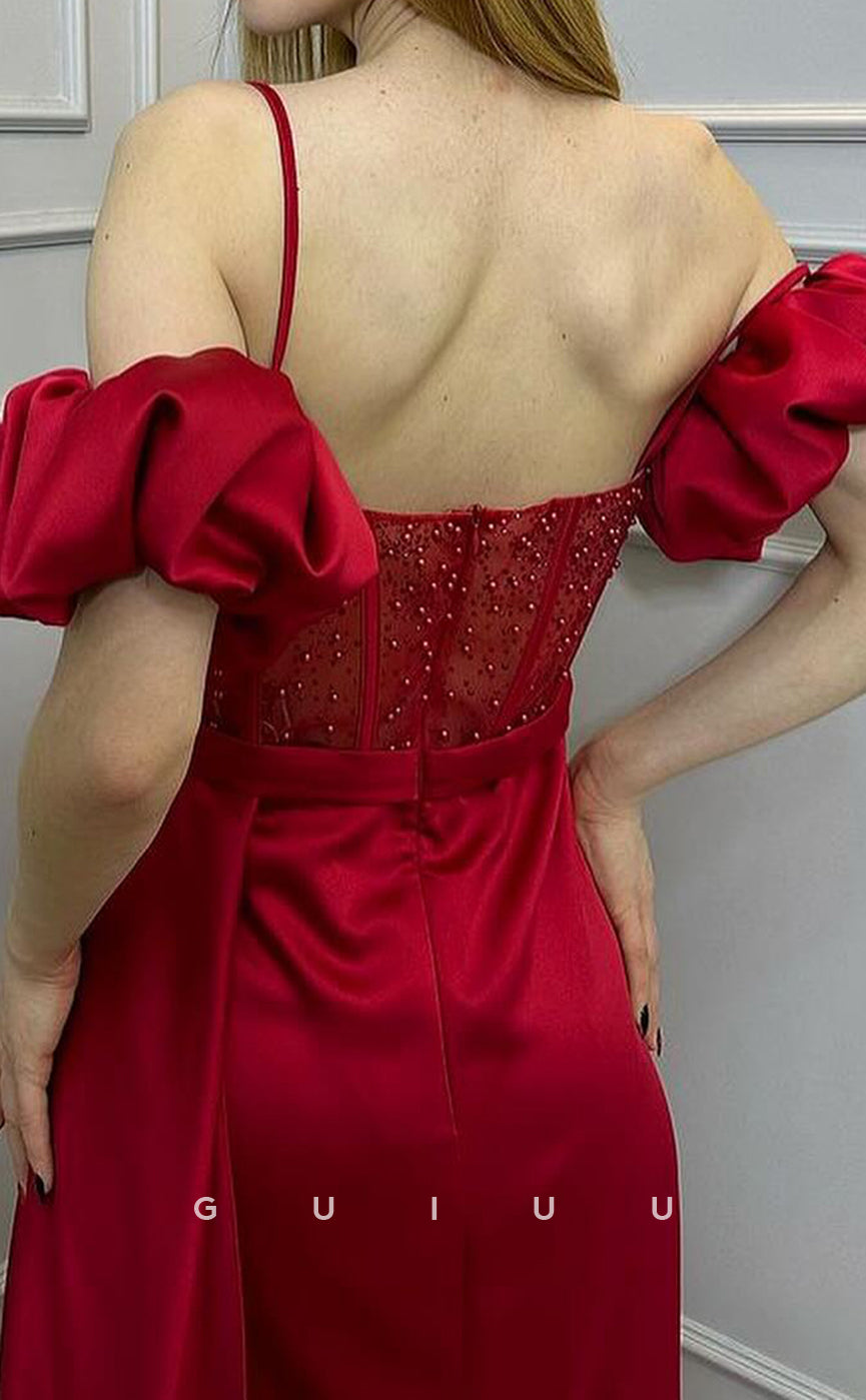 G3985 - Sheath Strapless Straps Beaded Pleated Back Zipper Long Prom Dress with Slit