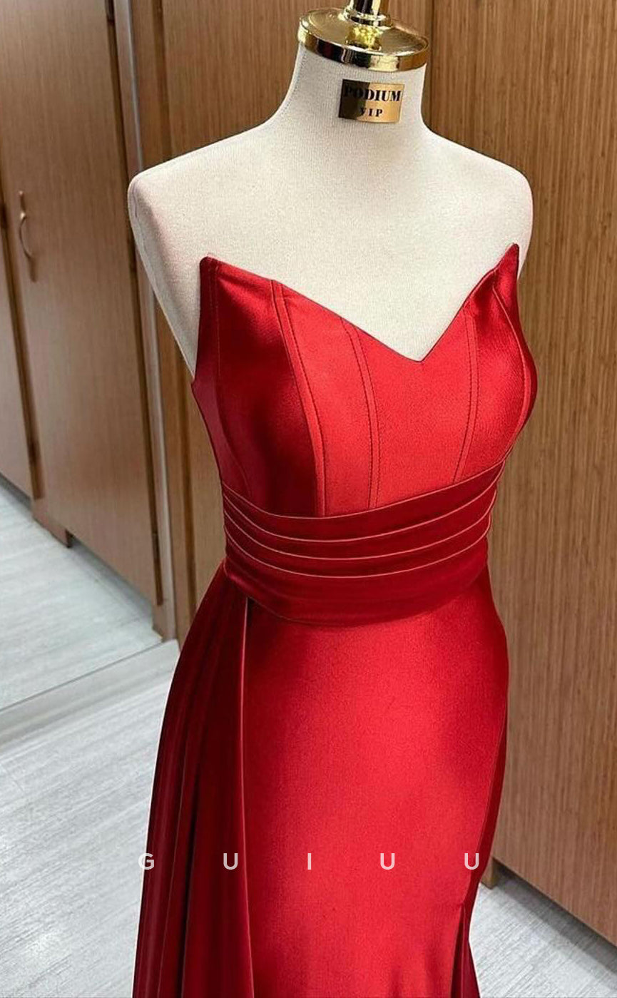 G3353 - Sheath Strpaless Sleeveless Pleated Red Stain Long Prom Party Dress