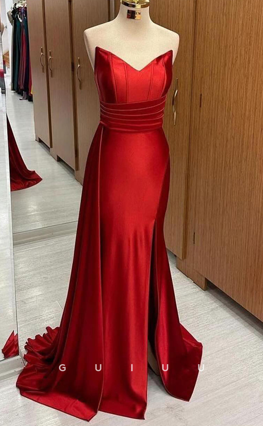 G3353 - Sheath Strpaless Sleeveless Pleated Red Stain Long Prom Party Dress