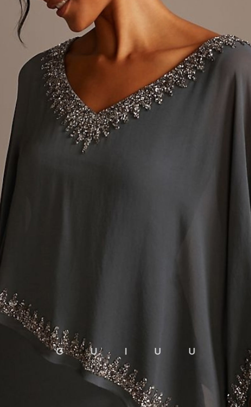 GM040 - Sheath V Neck Floor Length Chiffon Half Sleeve Beaded  Mother of the Bride Dress Cape Dress Wedding Guest