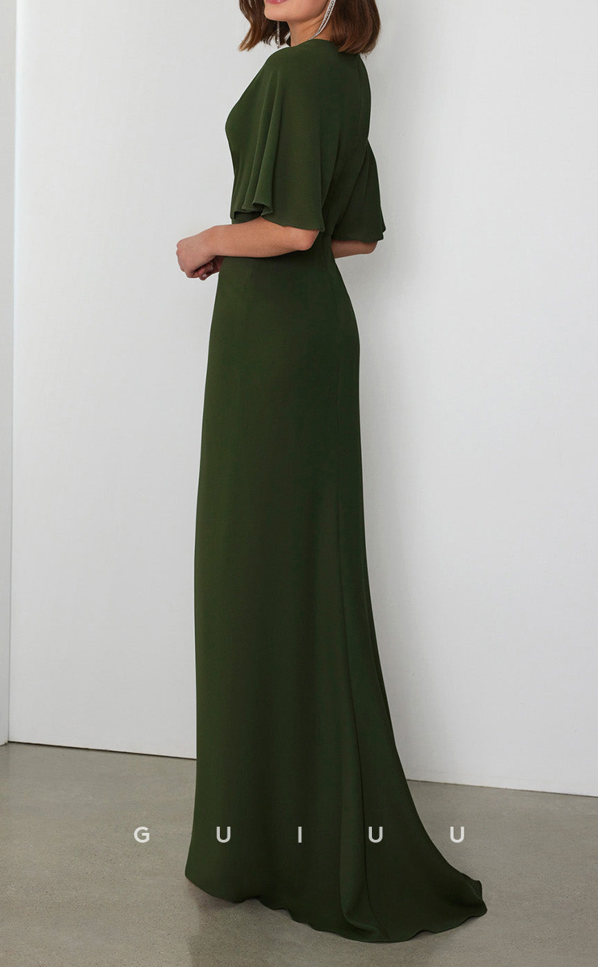 GM168 - Sheath V Neck Half Sleeves Side Slit Long Prom Dress Wedding Guest Dress Cocktail Dress