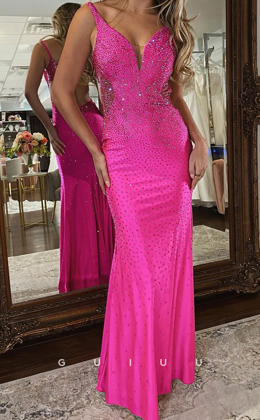 G4185 - Sheath V Neck Straps Sleeveless Fully Beaded Long Prom Dress