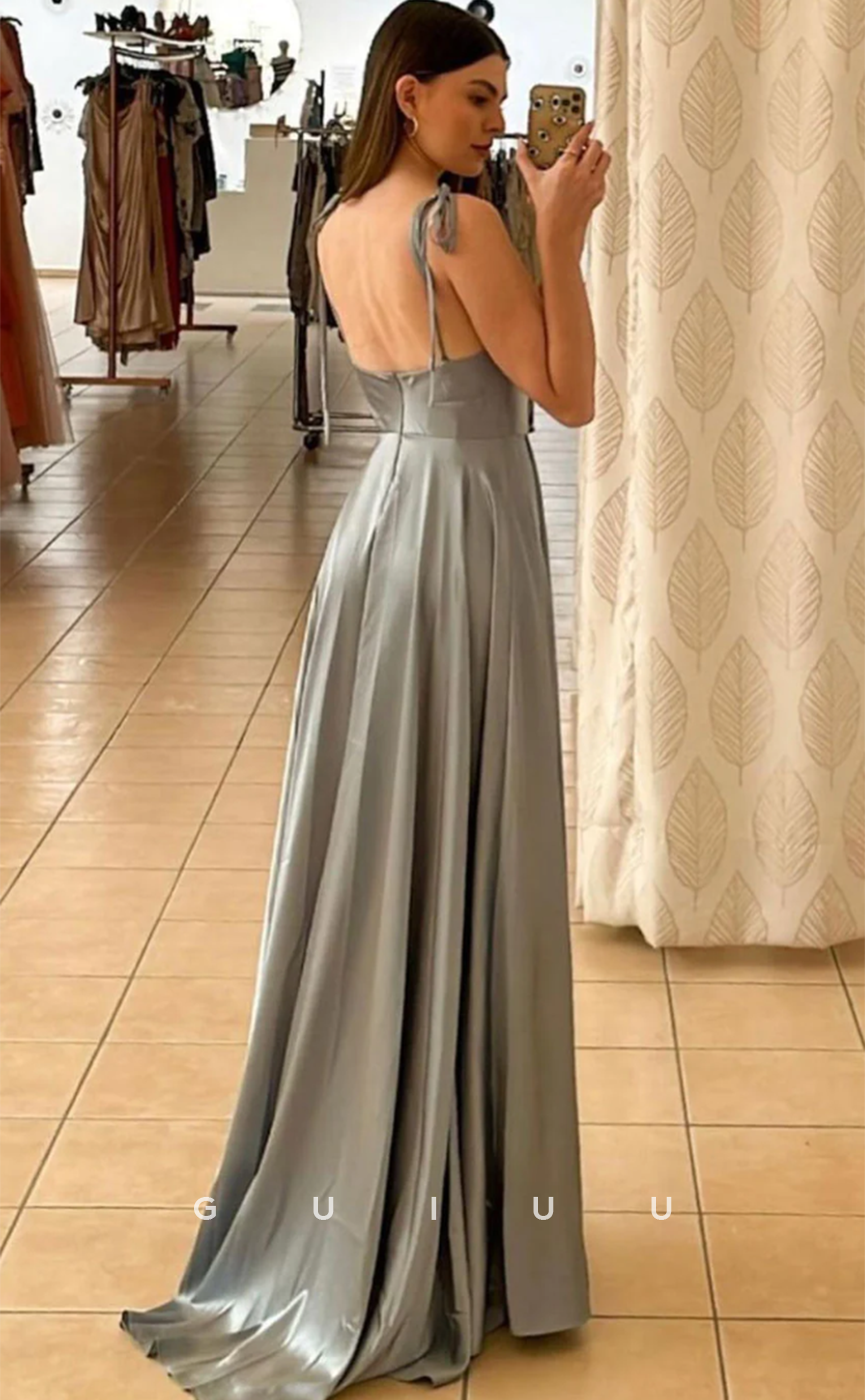 G4630 - Simple  A-Line V Neck Straps Back Zipper Satin Long Prom Dress