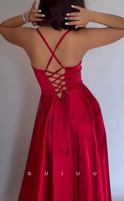 G4203 - Simple & Casual A-Line Halter Criss-Cross Straps Long Prom Formal Dress with High Side Slit