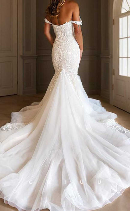 GW908 - Trumpet / Mermaid Off-Shoulder Appliques Tulle Boho Beach Wedding Dress with Train