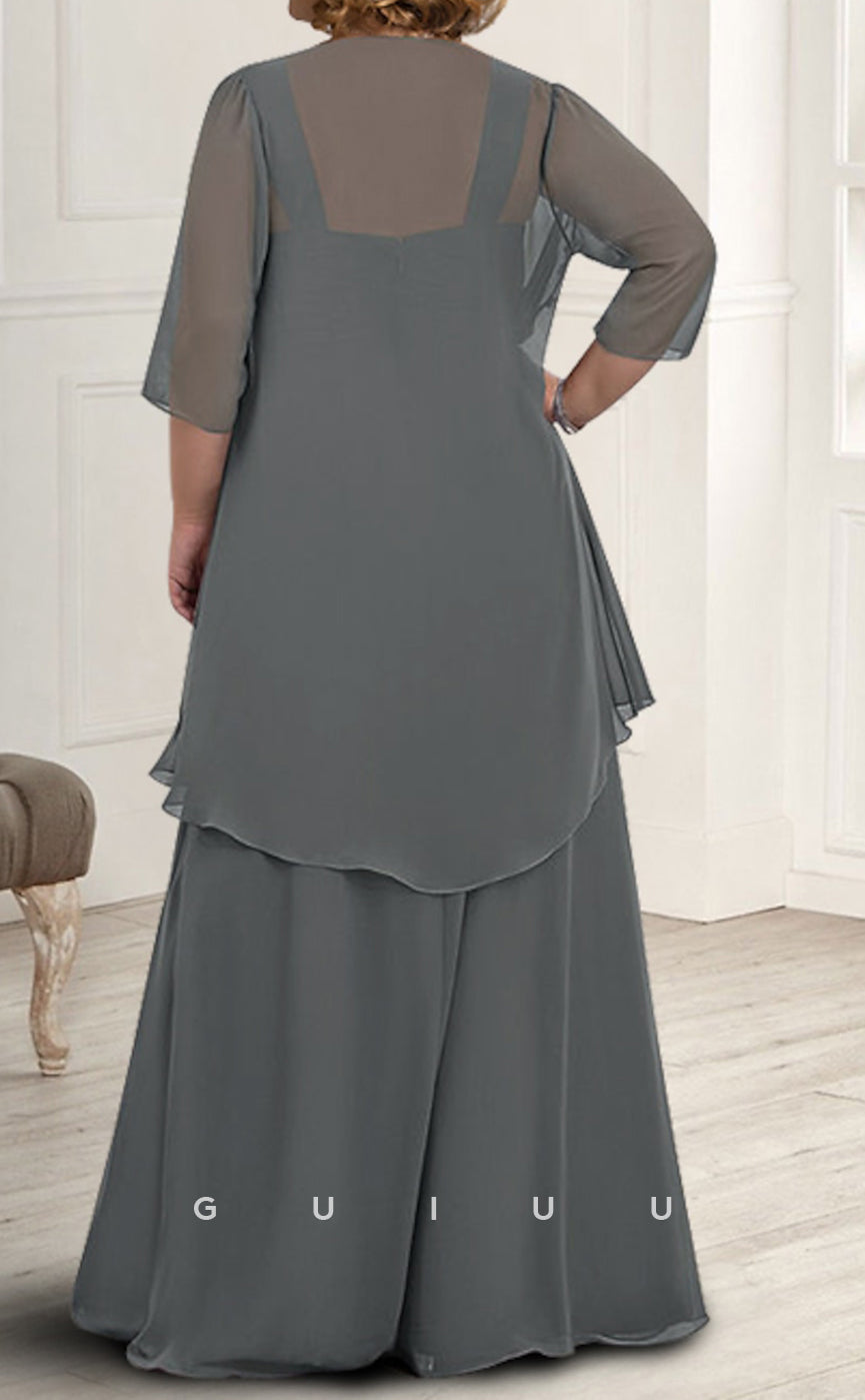 GM086 - Two Pieces A-Line Square Neck Long Sleeves Floor Length Chiffon Mother of the Bride Dress