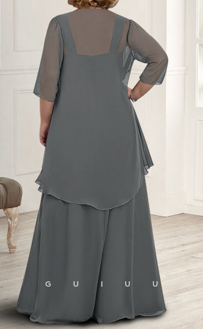 GM086 - Two Pieces A-Line Square Neck Long Sleeves Floor Length Chiffon Mother of the Bride Dress