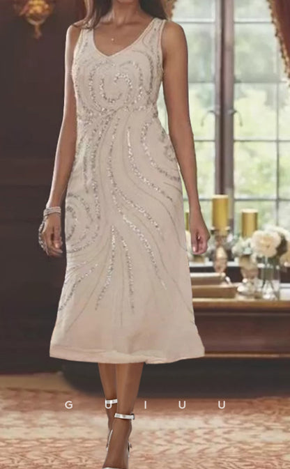 GM054 - Two Pieces A-Line V Neck Knee Length Sleeveless Appliquines Beaded Chiffon Dresses Mother of the Bride Dress