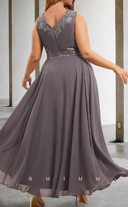 GM088 - Two Pieces A-Line V Neck Long Sleeves Tea Length Appliques Chiffon Wedding Guest Dresses