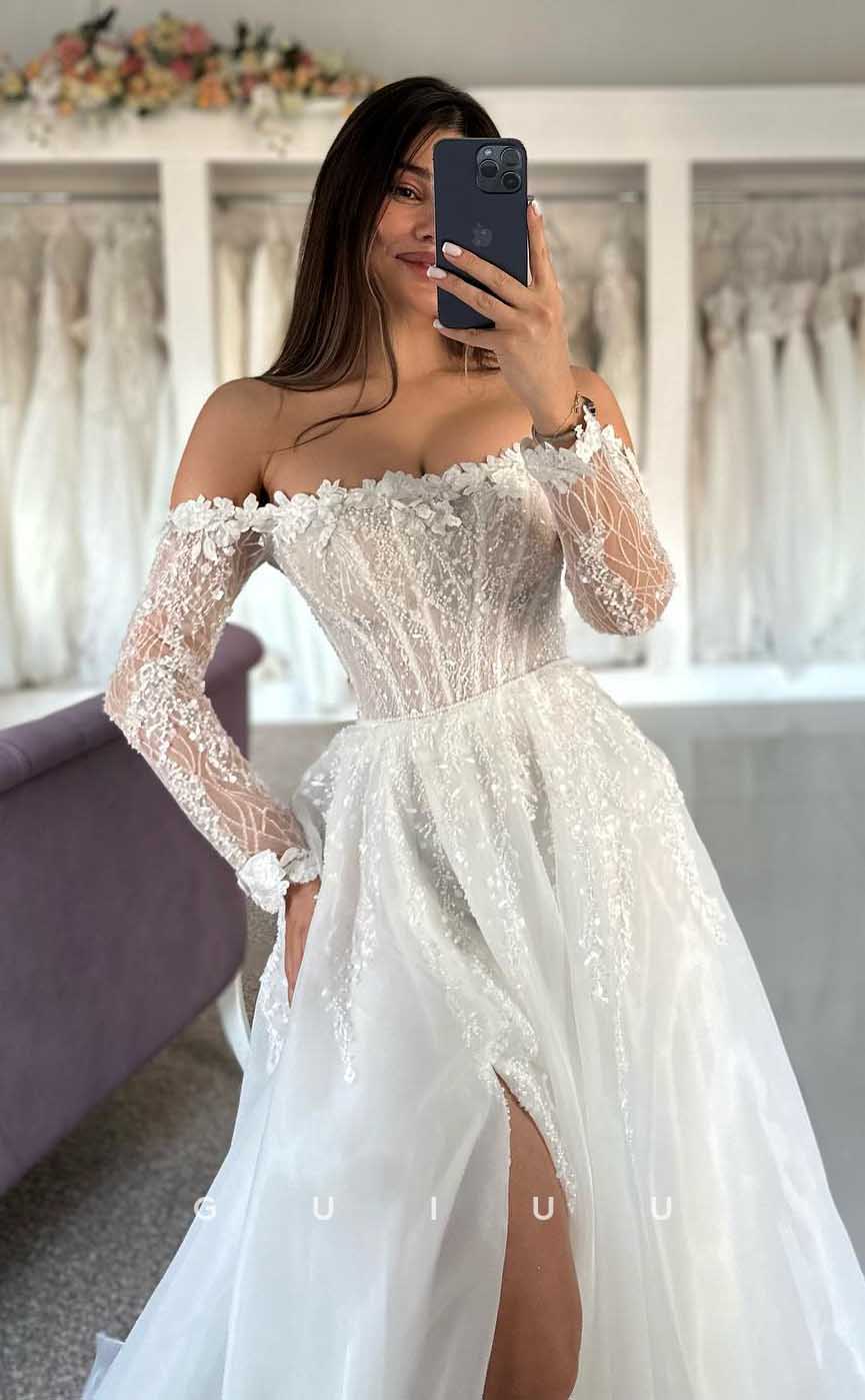 GW823 - Unique A-Line Off-Shoulder Long Sleeves Appliques Wedding Dress with High Side Slit and Court Train