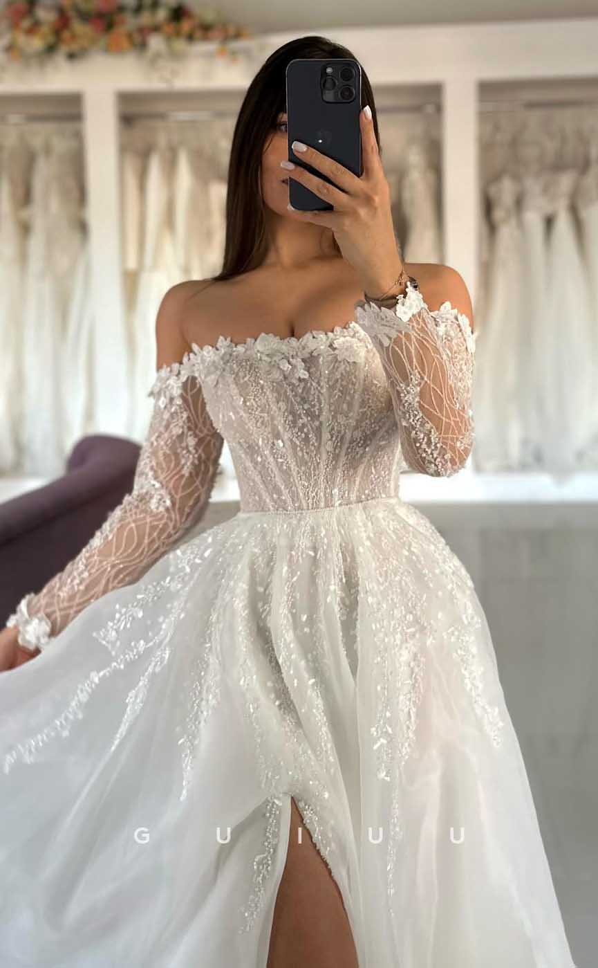 GW823 - Unique A-Line Off-Shoulder Long Sleeves Appliques Wedding Dress with High Side Slit and Court Train
