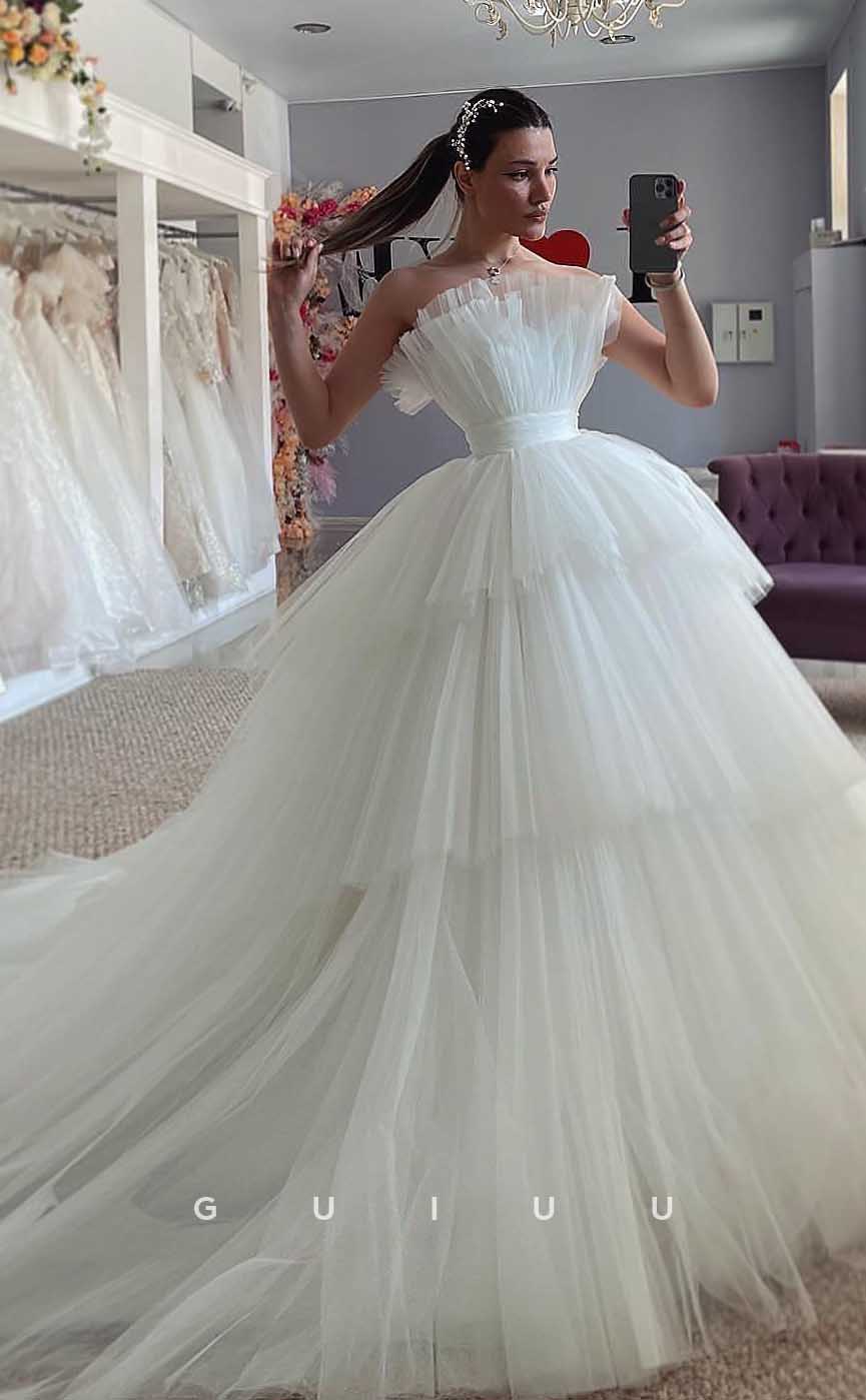 GW827 - Unique A-Line Sleeveless Tulle Tiered Wedding Dress with Court Train