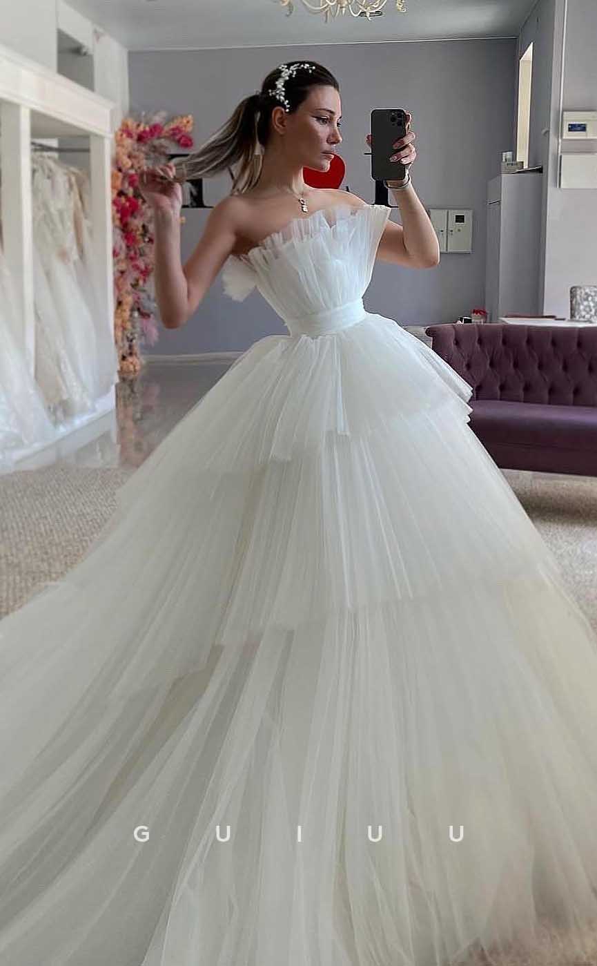 GW827 - Unique A-Line Sleeveless Tulle Tiered Wedding Dress with Court Train