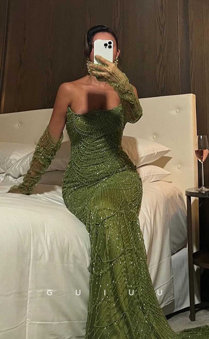 G4522 - Unique Green Mermaid Strapless Sleeveless Beaded Glitter Prom Party Dress with Train