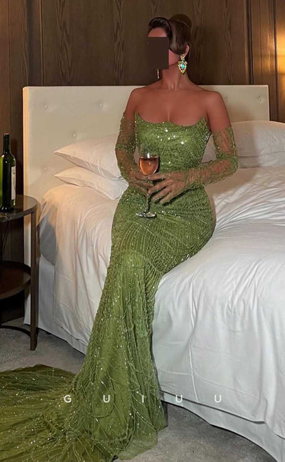 G4522 - Unique Green Mermaid Strapless Sleeveless Beaded Glitter Prom Party Dress with Train