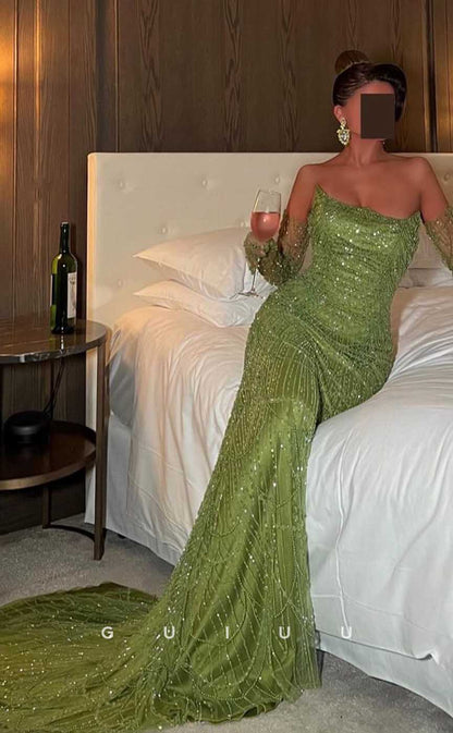 G4522 - Unique Green Mermaid Strapless Sleeveless Beaded Glitter Prom Party Dress with Train