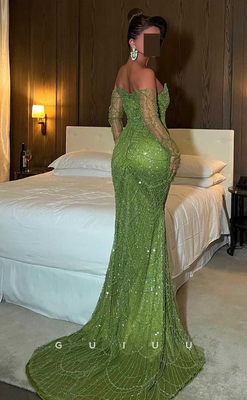 G4522 - Unique Green Mermaid Strapless Sleeveless Beaded Glitter Prom Party Dress with Train