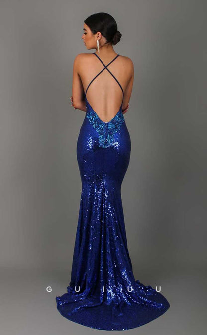 G4474 -  Unique & Chic Mermaid Fitted V Neck Halter Straps Allover Sequins Criss-Cross Straps Sweep-Length Formal Evening Prom Gown