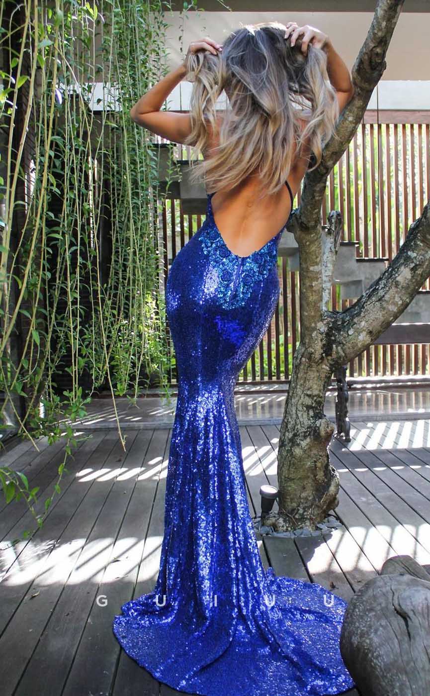 G4474 -  Unique & Chic Mermaid Fitted V Neck Halter Straps Allover Sequins Criss-Cross Straps Sweep-Length Formal Evening Prom Gown