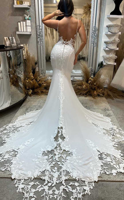 GW859 -  V Neck Straps Appliques Buttons Mermaid Wedding Dress with Slit