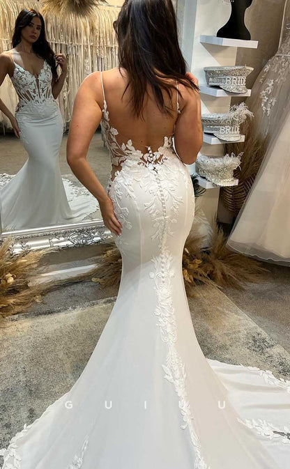 GW859 -  V Neck Straps Appliques Buttons Mermaid Wedding Dress with Slit