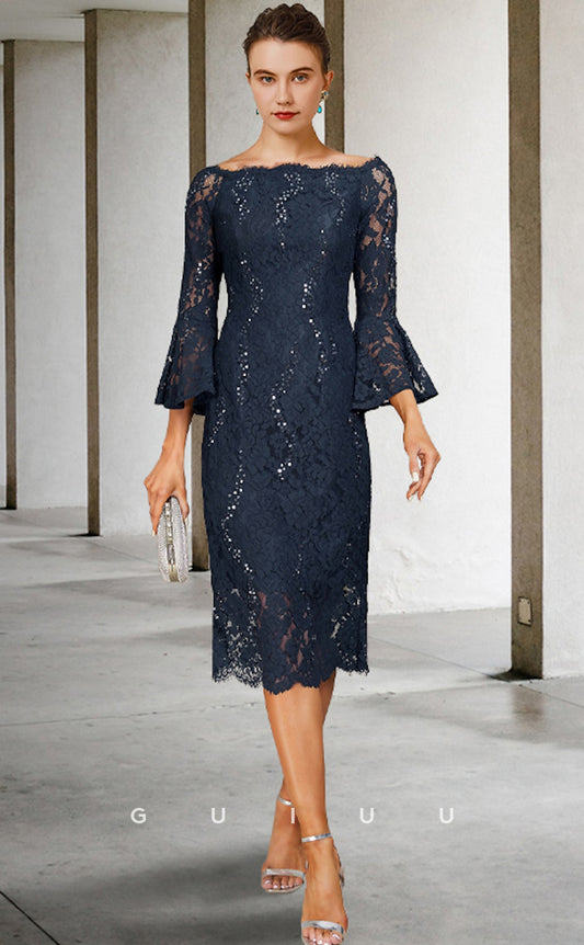 GM041 - Vintage Sheath Scoop Neck Knee Length 34 Length Sleeves Lace Mother of the Bride Dress Wedding Guest Gown